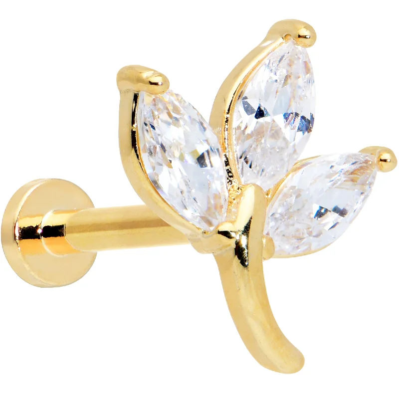 Comfortable Lip Rings with Adjustable Fit16 Gauge 5/16 Clear CZ Gem Gold Tone Leaves Internally Threaded Labret Comfortable Lip Rings with Adjustable Fit16 Gauge 5/16 Clear CZ Gem Gold Tone Leaves Internally Threaded Labret