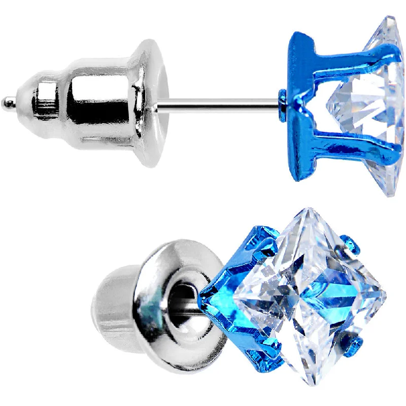 Women's Earrings – Elegant Designs for Every Personality--5mm Neon Blue Square Clear CZ Stud Earrings Women's Earrings – Elegant Designs for Every Personality--5mm Neon Blue Square Clear CZ Stud Earrings