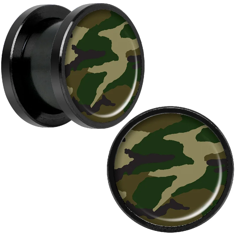 Women's Earrings – Elegant Designs for Every Personality--Woodland Camo Print Black Anodized Screw Fit Plug Set 1/2 Women's Earrings – Elegant Designs for Every Personality--Woodland Camo Print Black Anodized Screw Fit Plug Set 1/2