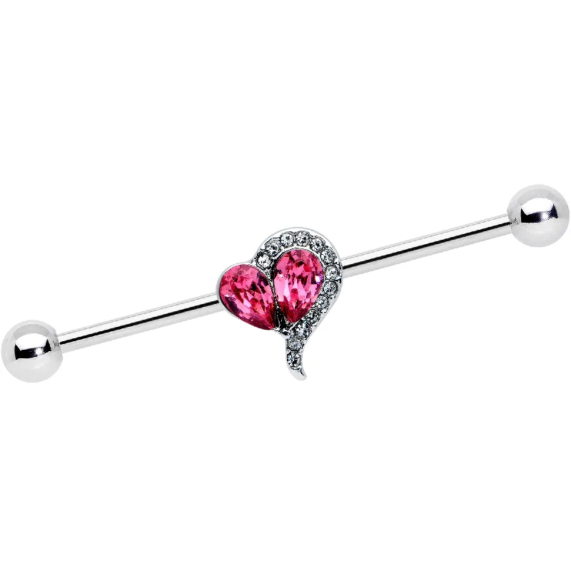 Women's Earrings – Elegant Designs for Every Personality--14 Gauge Clear Pink Gem Curve Heart Valentines Industrial Barbell 38mm