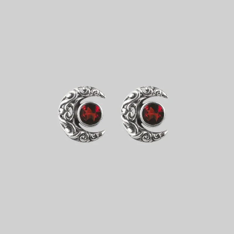 Women's Earrings – Elegant Designs for Every Personality--WISDOM. Silver Moon Crescent Earrings - Garnet
