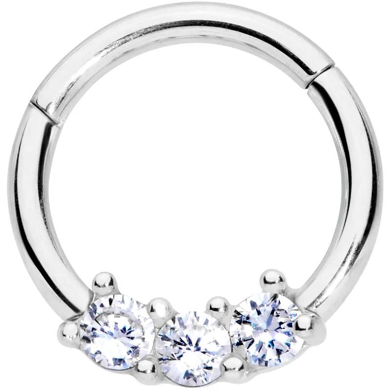 Custom Nose Rings with Unique Features -16 Gauge 5/16 Clear CZ Gem Trio Hinged Segment Ring Custom Nose Rings with Unique Features -16 Gauge 5/16 Clear CZ Gem Trio Hinged Segment Ring