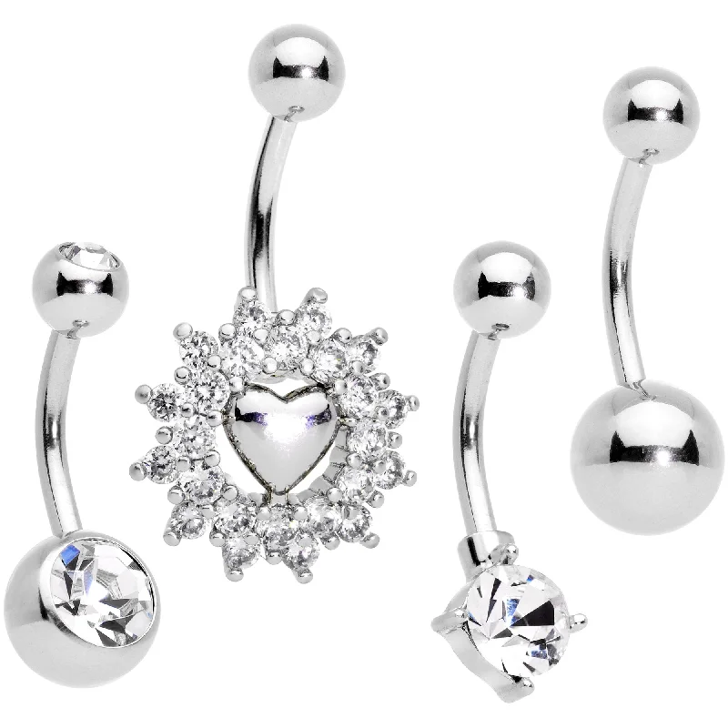 Trendy Belly Rings with Shiny Touch -Clear Gem Valentines Day Sunburst Heart Belly Ring Set of 4 Trendy Belly Rings with Shiny Touch -Clear Gem Valentines Day Sunburst Heart Belly Ring Set of 4