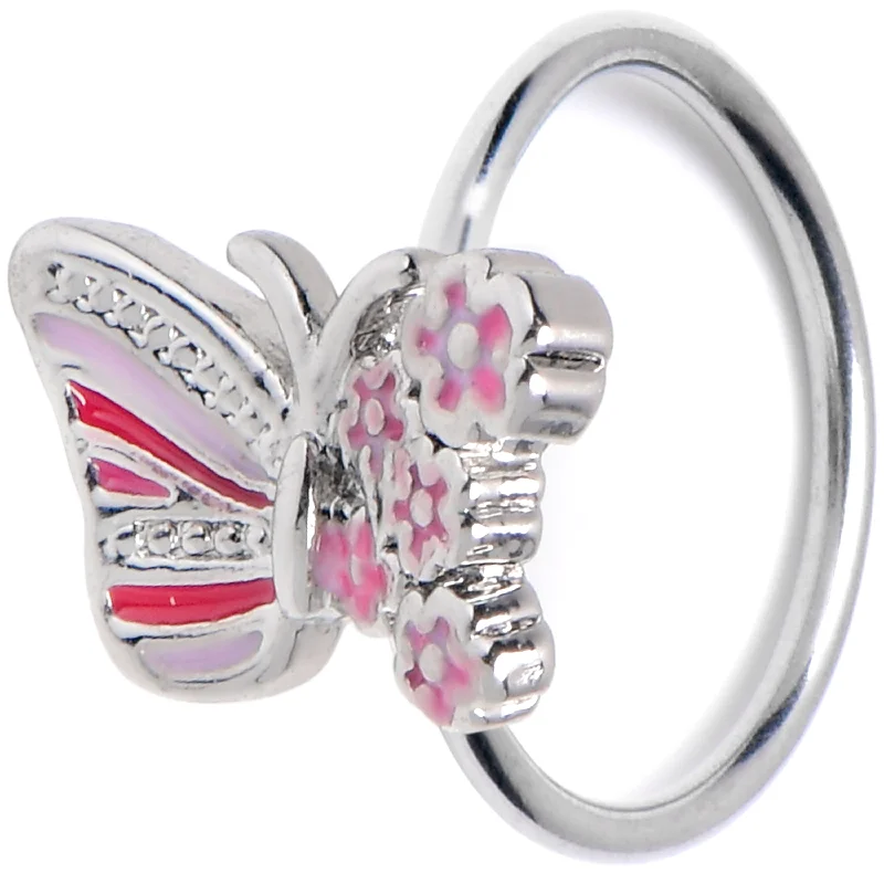 Nose Rings for Piercing Jewelry -20 Gauge 5/16 Flowery Butterfly Pink Nose Hoop
