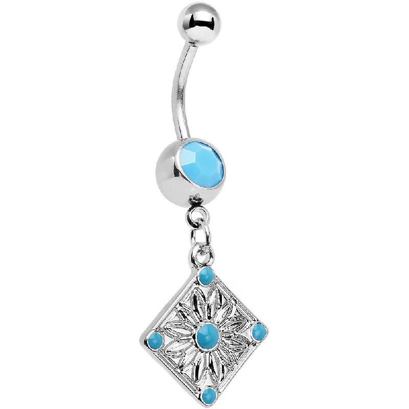 Stunning Belly Rings for Special Occasions -Faux Turquoise Treasured Emblem Dangle Belly Ring Stunning Belly Rings for Special Occasions -Faux Turquoise Treasured Emblem Dangle Belly Ring