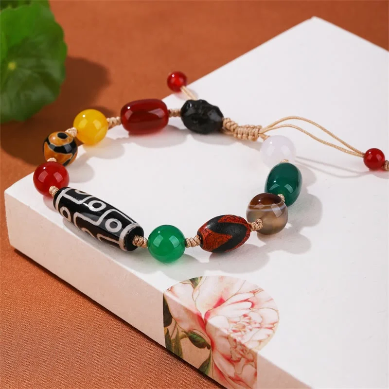 Beaded and Leather Bracelets for Men-Buddha Stones Tibetan Nine-Eye Dzi Bead Agate Wealth Protection Bracelet Beaded and Leather Bracelets for Men-Buddha Stones Tibetan Nine-Eye Dzi Bead Agate Wealth Protection Bracelet