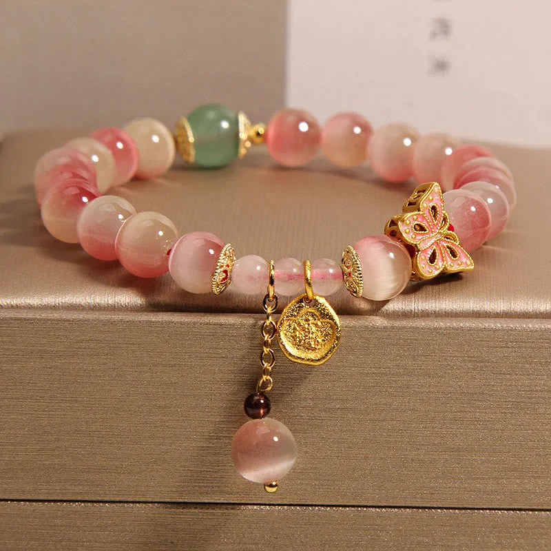Elegant Bangles for Women with Simple Designs-Buddha Stones Gradient Pink Cat's Eye Butterfly Peace Bracelet Elegant Bangles for Women with Simple Designs-Buddha Stones Gradient Pink Cat's Eye Butterfly Peace Bracelet