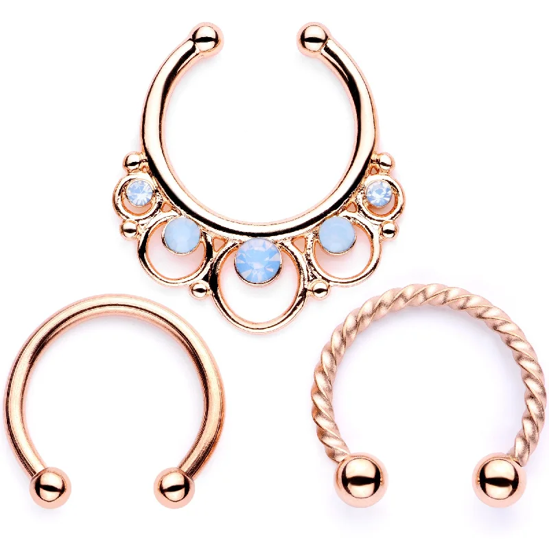 Nose Rings with Glitter -16 Gauge Blue Faux Opal Rose Gold Tone Twisted Horseshoe Clip On Fake Septum Ring Set Nose Rings with Glitter -16 Gauge Blue Faux Opal Rose Gold Tone Twisted Horseshoe Clip On Fake Septum Ring Set