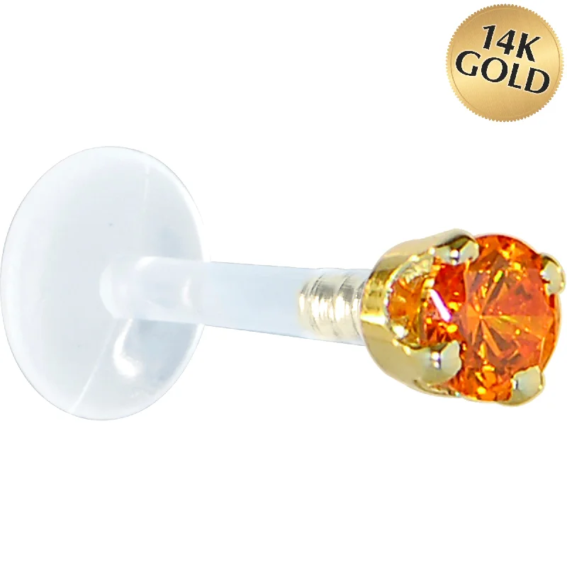 Women's Earrings – Elegant Designs for Every Personality--16 Gauge 5/16 Solid 14KT Yellow Gold 3mm Orange Cubic Zirconia Bioplast Tragus Earring Stud