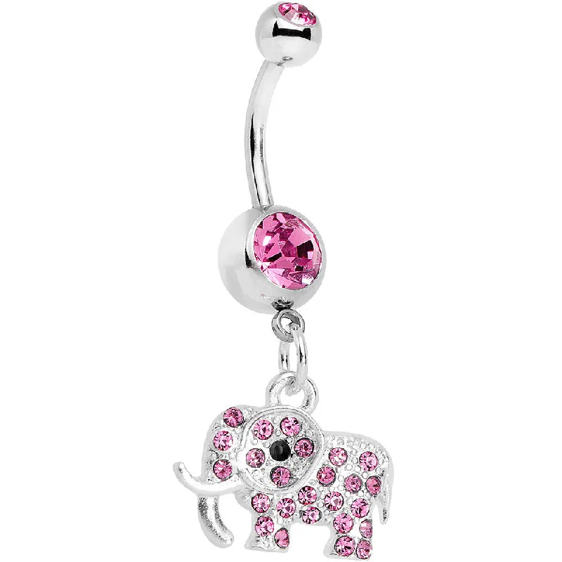 Stunning Belly Rings with Shiny Stones -Pink Paved Elephant Dangle Belly Ring