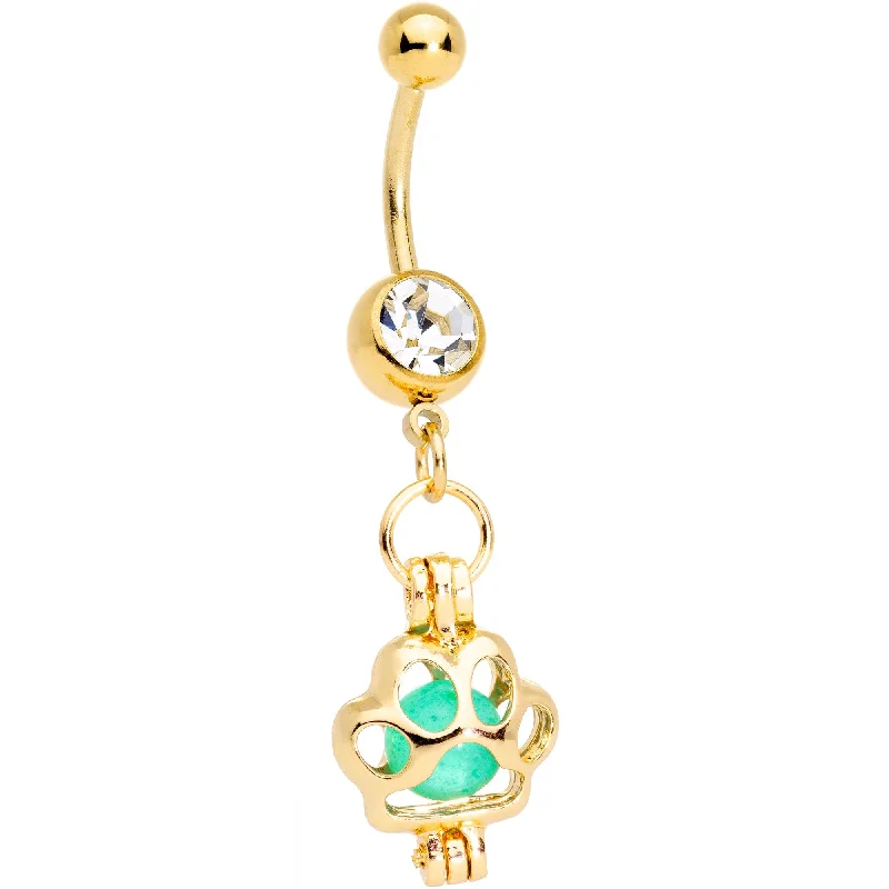 Belly Rings with Beautiful Detailing -Clear Gem Gold Tone Glow in the Dark Paw Print Dangle Belly Ring Belly Rings with Beautiful Detailing -Clear Gem Gold Tone Glow in the Dark Paw Print Dangle Belly Ring