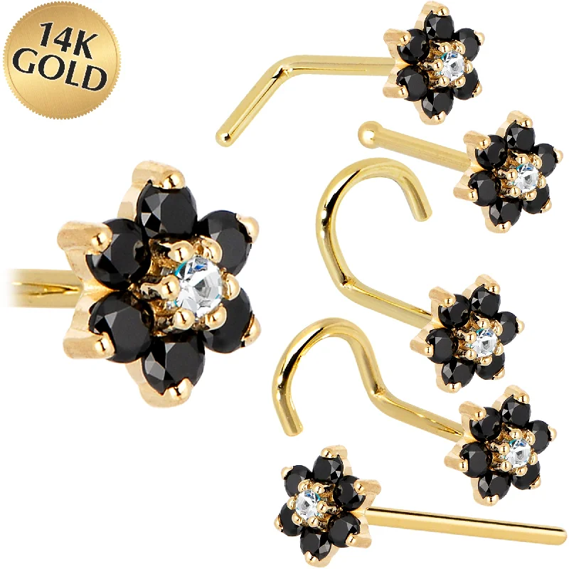 Nose Rings for Simple Style -Solid 14KT Yellow Gold Black and Clear Cubic Zirconia Flower Nose Ring Nose Rings for Simple Style -Solid 14KT Yellow Gold Black and Clear Cubic Zirconia Flower Nose Ring