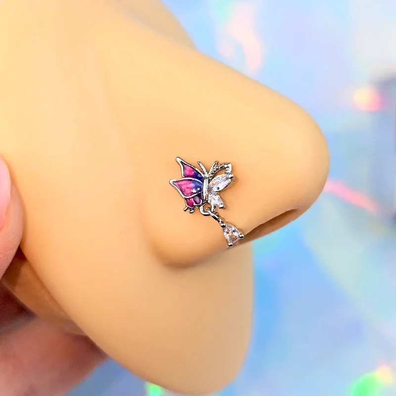 Diamond-Studded Nose Rings -20 Gauge 7mm Clear Gem Purples Dazzling Butterfly L Shape Nose Ring Diamond-Studded Nose Rings -20 Gauge 7mm Clear Gem Purples Dazzling Butterfly L Shape Nose Ring