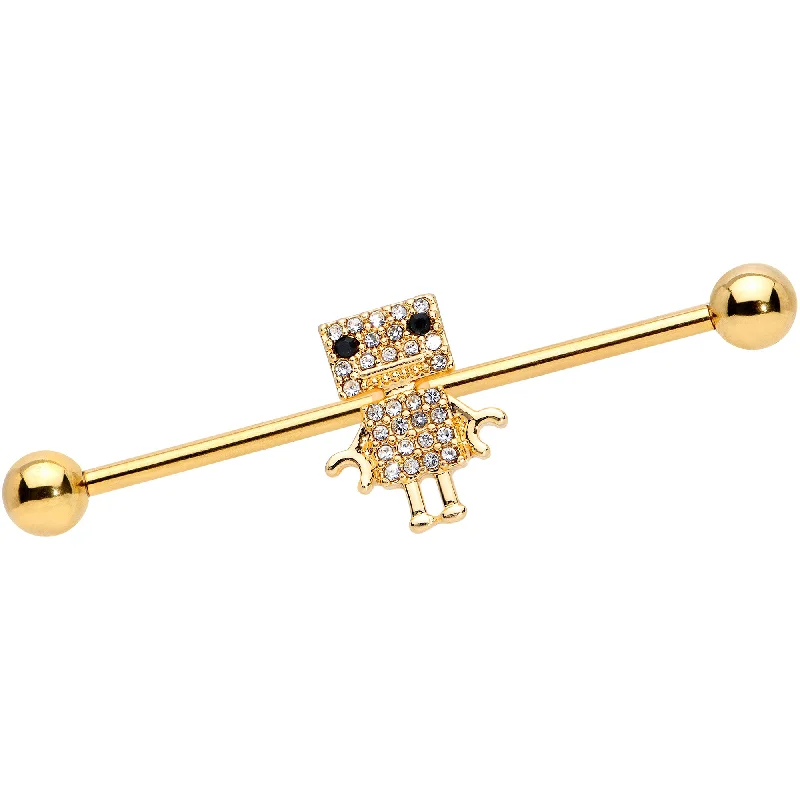Women's Earrings – Elegant Designs for Every Personality--14 Gauge Clear Gem Gold Tone Ritzy Robot Industrial Barbell 38mm