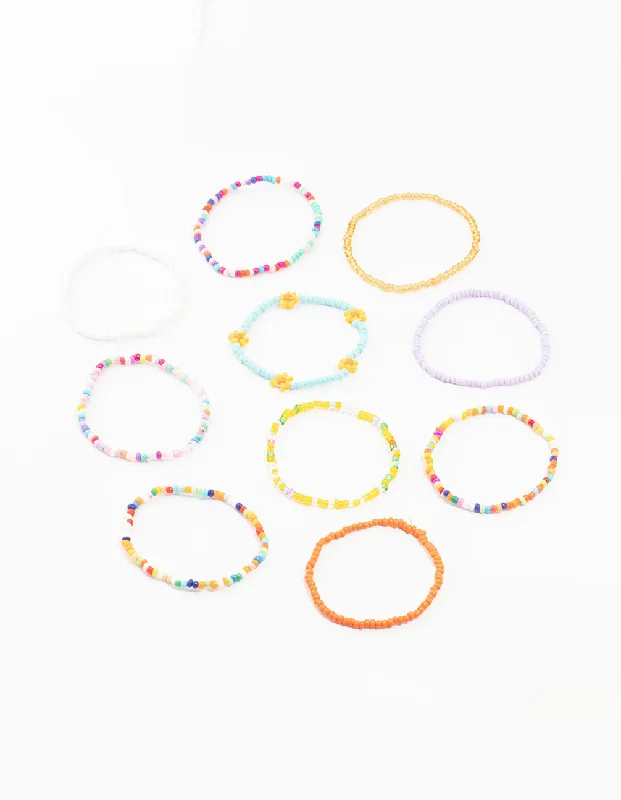 Large Stone Bangles for Women-Beaded Daisy Stretch Bracelets 10-Pack