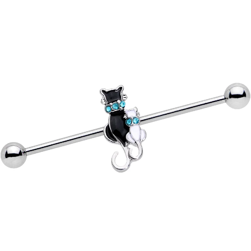 Women's Earrings – Elegant Designs for Every Personality--14 Gauge Aqua Gem Black and White Cat Family Industrial Barbell 38mm Women's Earrings – Elegant Designs for Every Personality--14 Gauge Aqua Gem Black and White Cat Family Industrial Barbell 38mm