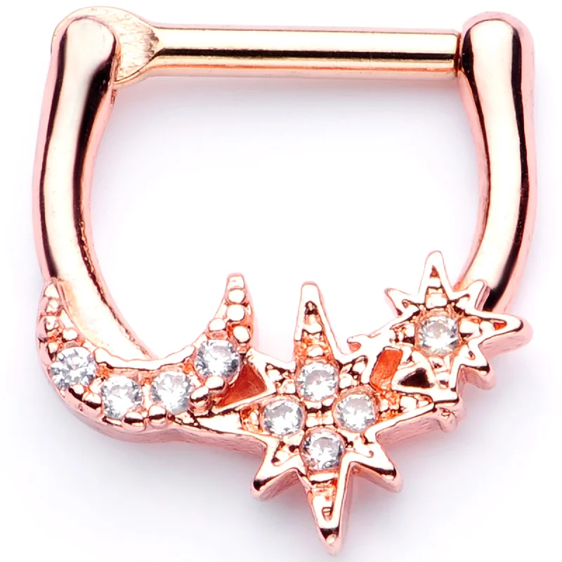 Comfortable and Elegant Lip Rings for Women16 Gauge 1/4 Clear CZ Gem Rose Gold Tone Moon Stars Cartilage Clicker