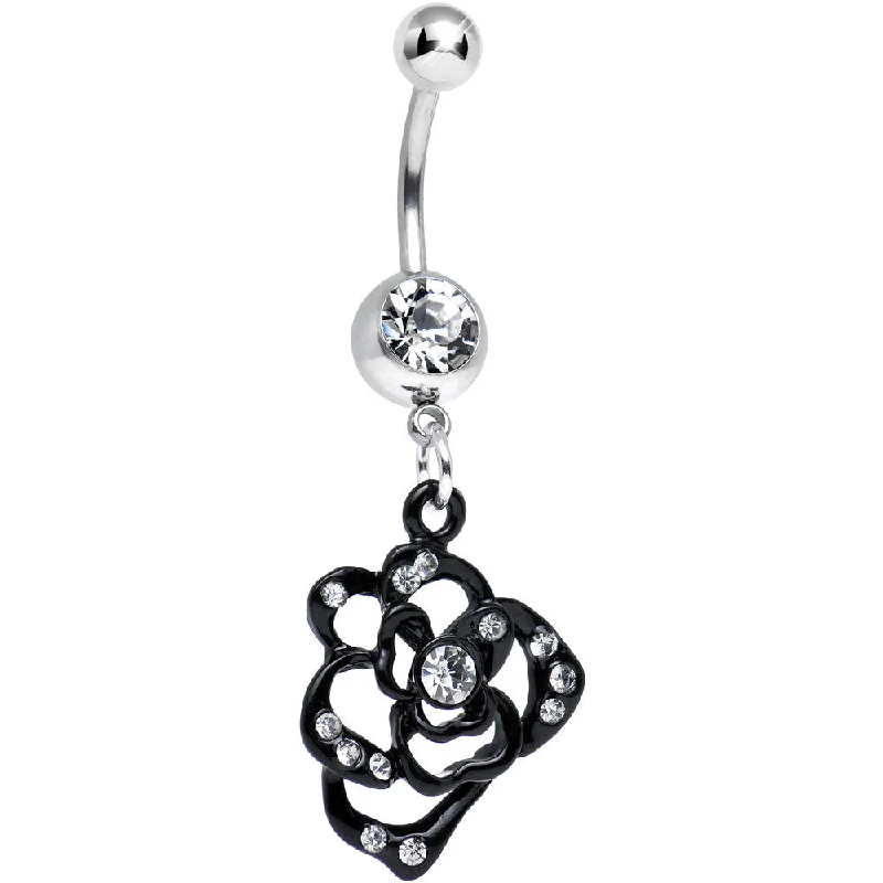 Designer Belly Rings with Sleek Finish -Clear Gem Dark and Heavenly Hollow Rose Flower Dangle Belly Ring Designer Belly Rings with Sleek Finish -Clear Gem Dark and Heavenly Hollow Rose Flower Dangle Belly Ring