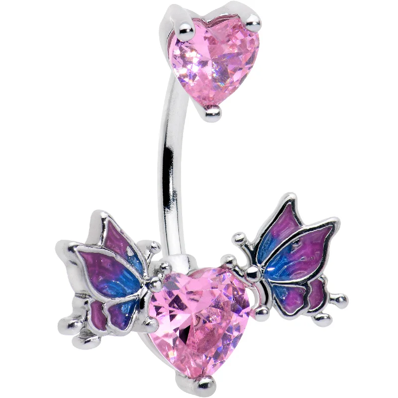 Stunning Belly Rings for Exclusive Appeal -Pink CZ Gem Hearts Butterflies Purple Double Mount Belly Ring Stunning Belly Rings for Exclusive Appeal -Pink CZ Gem Hearts Butterflies Purple Double Mount Belly Ring