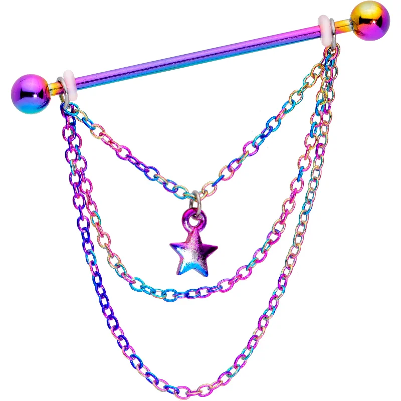 Women's Earrings – Elegant Designs for Every Personality--14 Gauge Rainbow Star Triple Chain Dangle Industrial Barbell 38mm