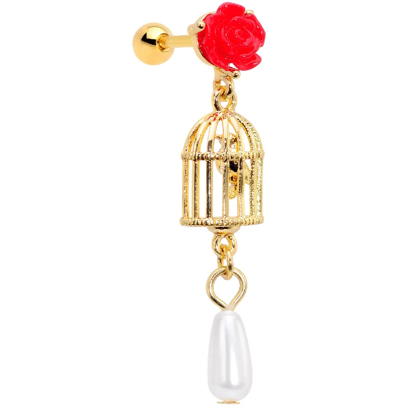 Women's Earrings – Elegant Designs for Every Personality--16 Gauge 1/4 Red Flower Gold Tone Birdcage Dangle Cartilage Tragus