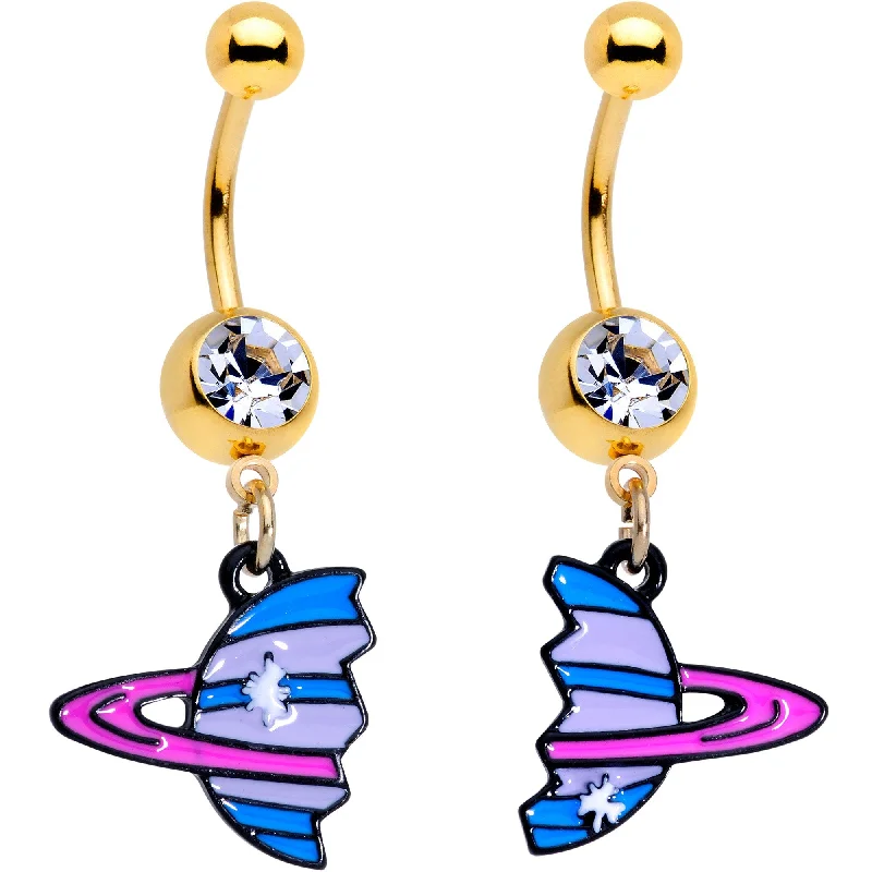 Stylish Belly Rings for Glamorous Look -Clear Gem Gold PVD BFF Planet Best Friend Dangle Belly Ring Set of 2 Stylish Belly Rings for Glamorous Look -Clear Gem Gold PVD BFF Planet Best Friend Dangle Belly Ring Set of 2