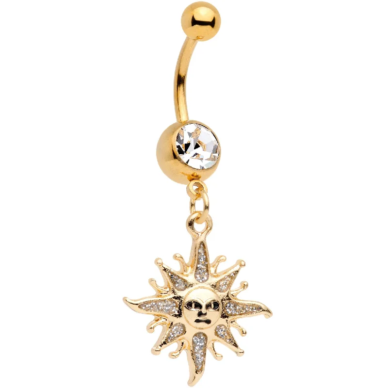 Stylish Belly Rings for Bold Fashion Choices -Clear Gem Gold Tone Celestial Sun Dangle Belly Ring Stylish Belly Rings for Bold Fashion Choices -Clear Gem Gold Tone Celestial Sun Dangle Belly Ring
