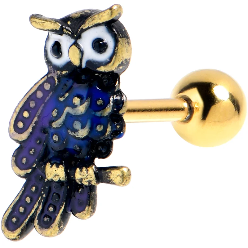 Women's Earrings – Elegant Designs for Every Personality--16 Gauge 1/4 Gold Tone Regal Owl Blue Cartilage Tragus Earring