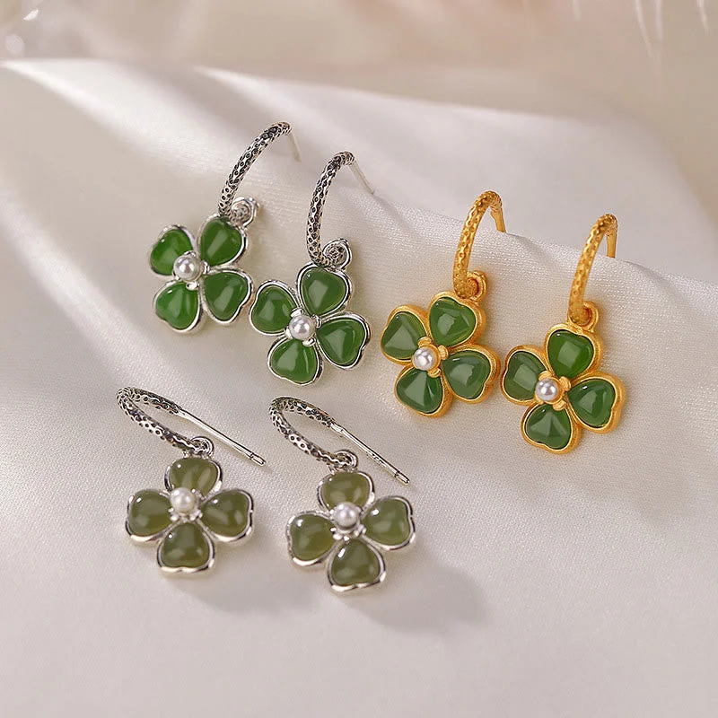 Women's Earrings – Elegant Designs for Every Personality--Buddha Stones 925 Sterling Silver Natural Cyan Jade Four Leaf Clover Luck Success Earrings
