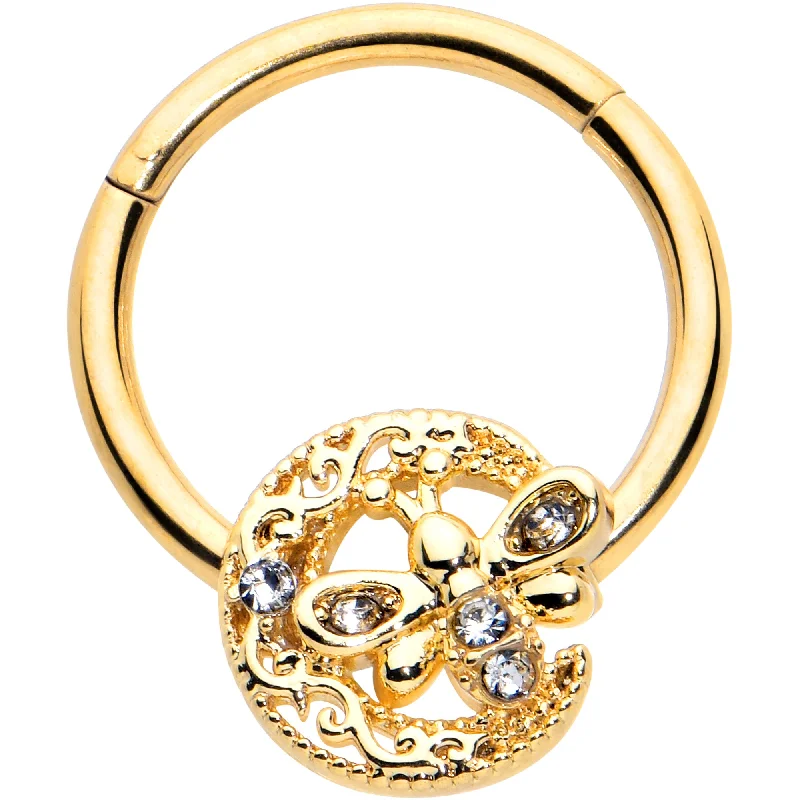 Small Nose Rings -16 Gauge 3/8 Clear Gem Gold Tone Lunar Dragonfly Hinged Segment Ring Small Nose Rings -16 Gauge 3/8 Clear Gem Gold Tone Lunar Dragonfly Hinged Segment Ring
