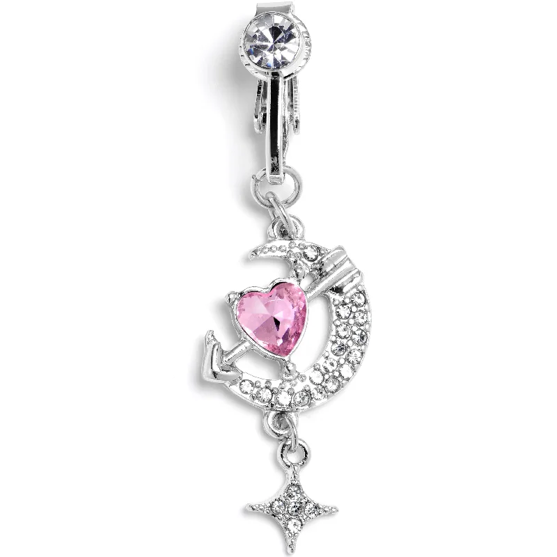 Comfortable Belly Rings for Sensitive Piercings -Clear Pink Gem Moon Lover Dangle Clip On Fake Belly Ring Comfortable Belly Rings for Sensitive Piercings -Clear Pink Gem Moon Lover Dangle Clip On Fake Belly Ring