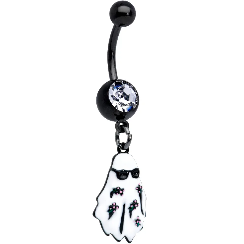 Unique Belly Rings with Beautiful Accents -Clear Gem Black Hipster Ghost Halloween Dangle Belly Ring Unique Belly Rings with Beautiful Accents -Clear Gem Black Hipster Ghost Halloween Dangle Belly Ring