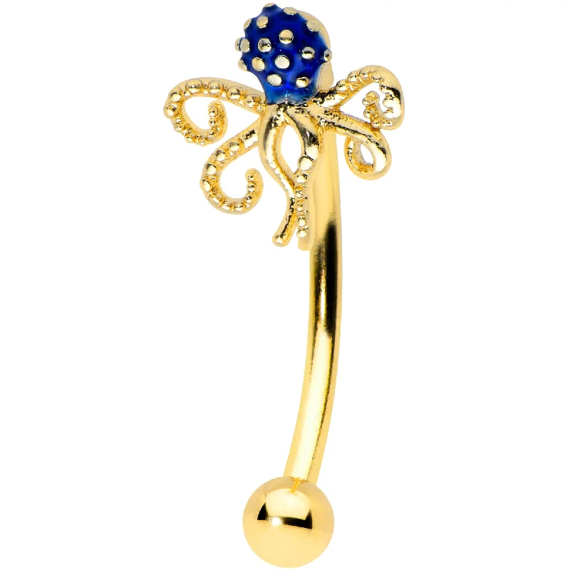 Women's Earrings – Elegant Designs for Every Personality--16 Gauge 5/16 Gold Tone Textured Blue Octopus Curved Eyebrow Ring