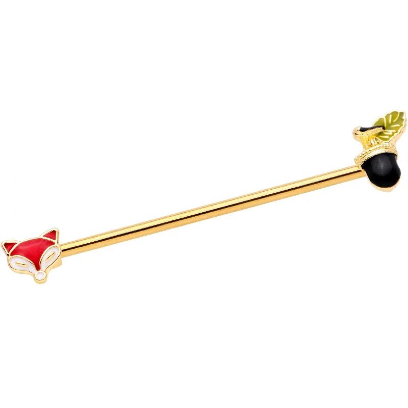 Women's Earrings – Elegant Designs for Every Personality--14 Gauge Gold Tone Fox and Acorn Industrial Barbell 38mm