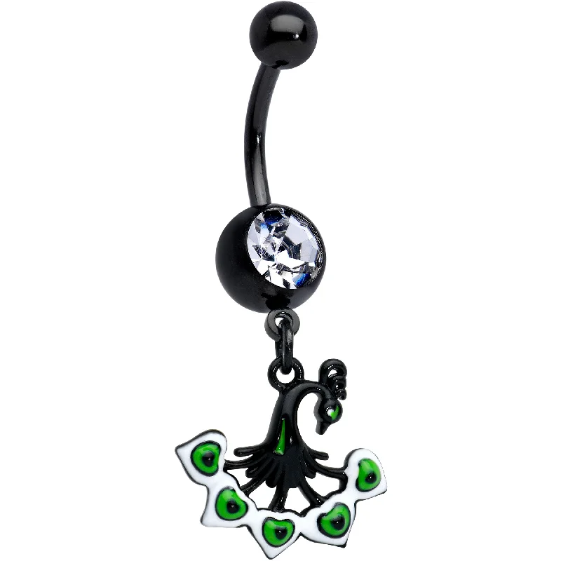 Elegant Belly Rings with Modern Touch -Clear Gem Black Pretty Peacock Dangle Belly Ring Elegant Belly Rings with Modern Touch -Clear Gem Black Pretty Peacock Dangle Belly Ring