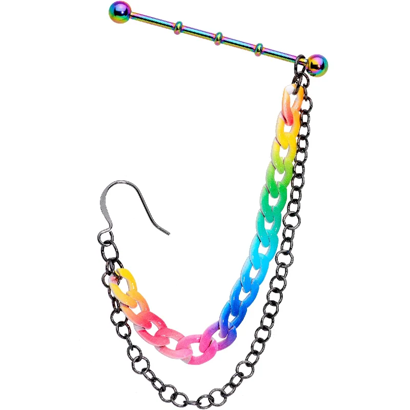 Women's Earrings – Elegant Designs for Every Personality--Rainbow Anodized Double Chain Industrial Barbell Chain Earring 38mm