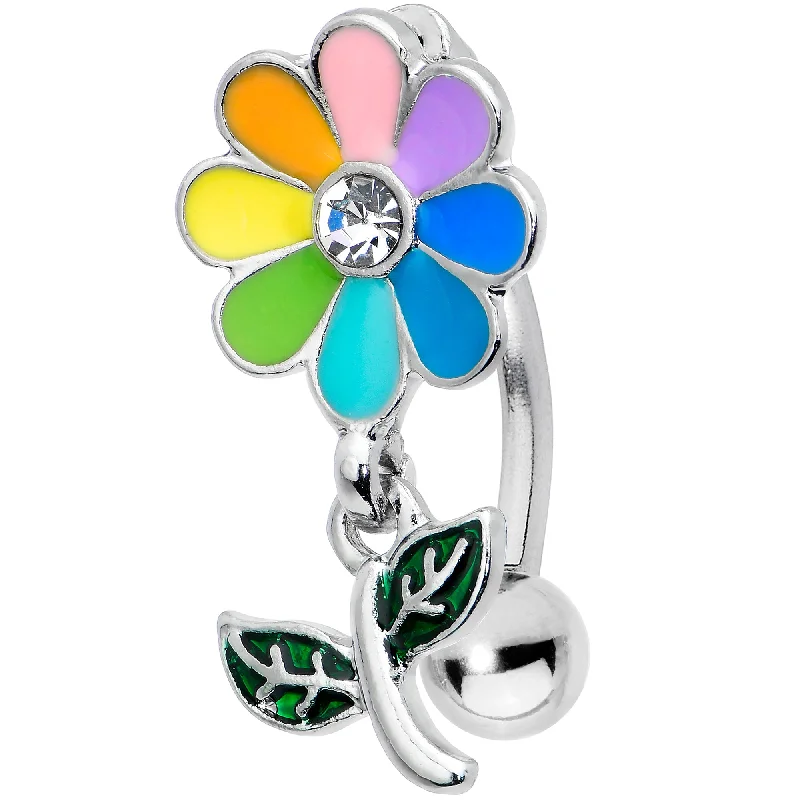 Belly Rings for Women -Clear Gem Rainbow Pride Flower Top Mount Dangle Belly Ring
