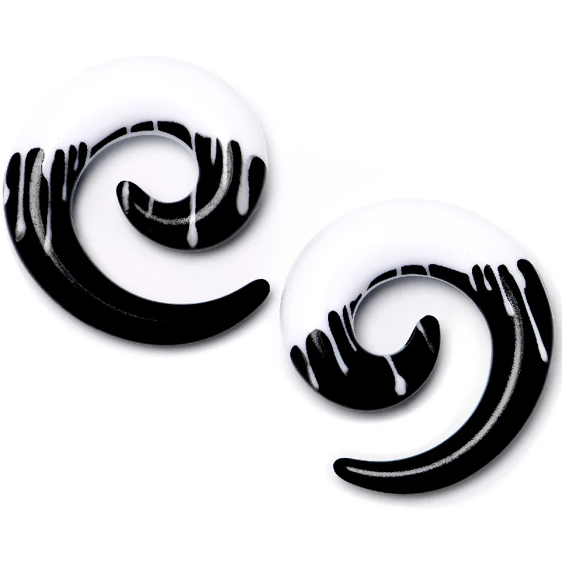 Women's Earrings – Elegant Designs for Every Personality--0 Gauge Black White Reverse Drip Acrylic Spiral Taper Set