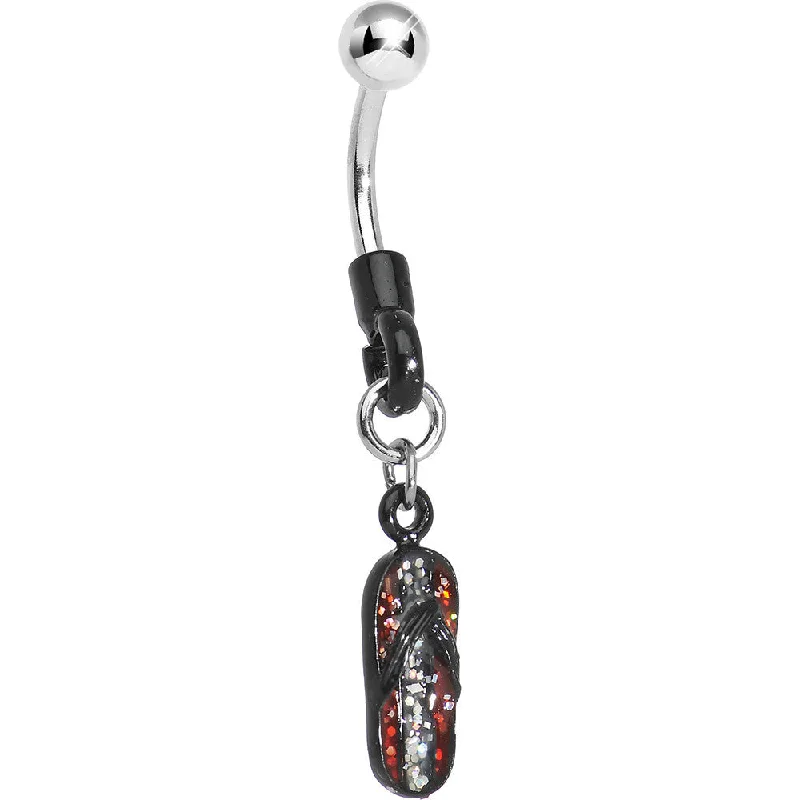 Designer Belly Rings for Fashion-Forward Women -Black Silver and Red Glitter Flip Flop Belly Ring Designer Belly Rings for Fashion-Forward Women -Black Silver and Red Glitter Flip Flop Belly Ring