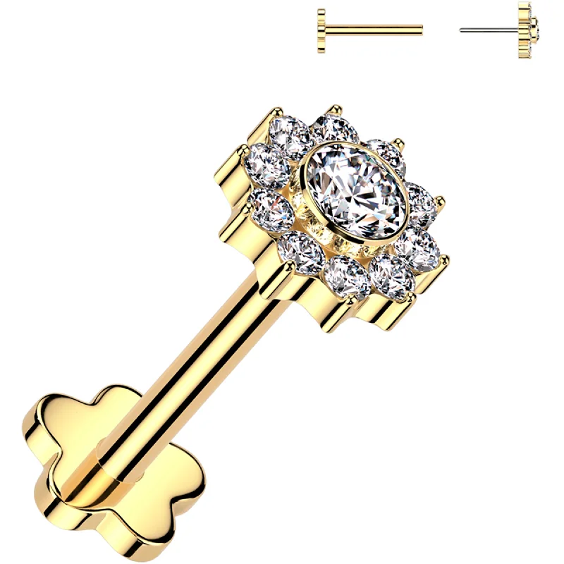 Women's Earrings – Elegant Designs for Every Personality--18 Gauge 5/16 CZ Gem Flower Duo Gold PVD Medical Grade Titanium Reversible Flat Back Earring