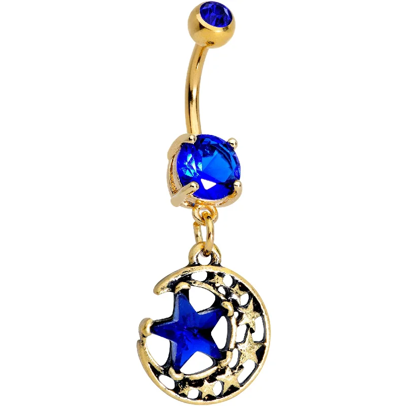 Comfortable Belly Rings for Casual Fashion -Blue Gem Gold PVD Moonsense Star Dangle Belly Ring Comfortable Belly Rings for Casual Fashion -Blue Gem Gold PVD Moonsense Star Dangle Belly Ring