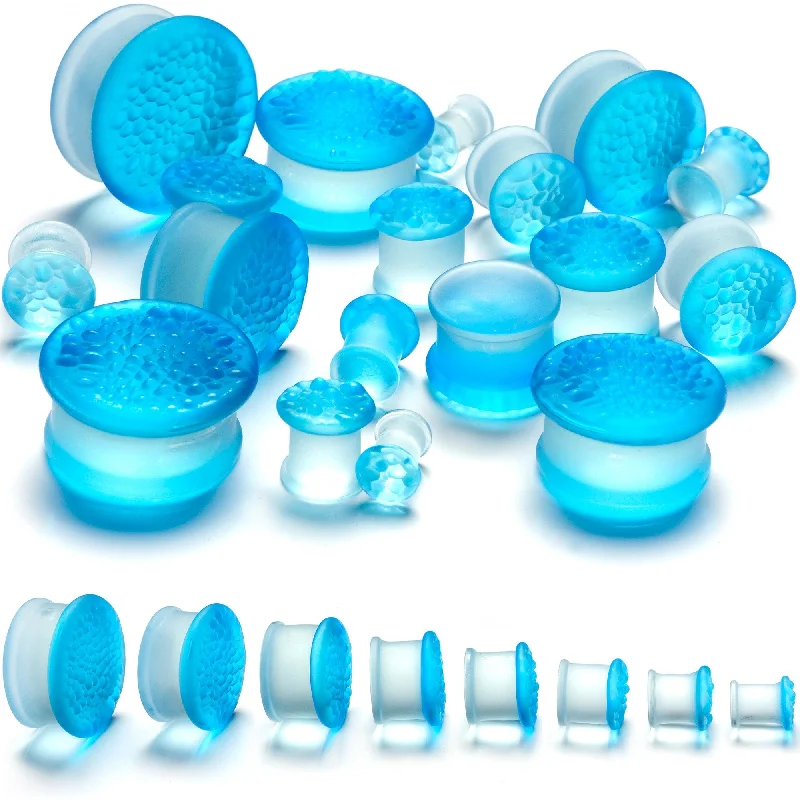 Women's Earrings – Elegant Designs for Every Personality--Blue Textured Glass Double Flare Plug Set Sizes 8mm to 25mm