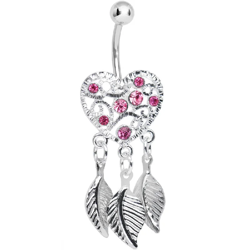 Statement Belly Rings for Bold Style -Pink Gem Filigree Heart Dreamcatcher Dangle Belly Ring Statement Belly Rings for Bold Style -Pink Gem Filigree Heart Dreamcatcher Dangle Belly Ring