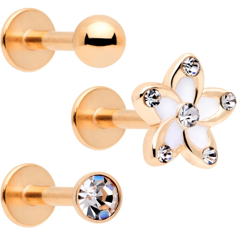 Unique Lip Rings for Creative Piercings16 Gauge 5/16 Clear Gem Rose Gold Tone White Flower Labret Set of 3