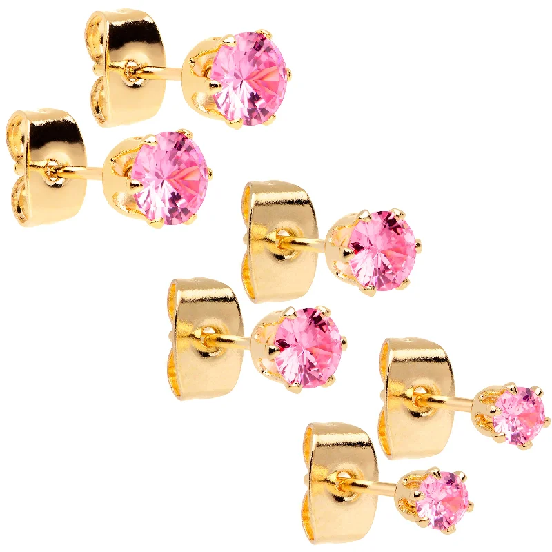 Women's Earrings – Elegant Designs for Every Personality--20 Gauge Pink CZ Gem Gold Tone 3mm to 5mm Post Stud Earring Set of 3