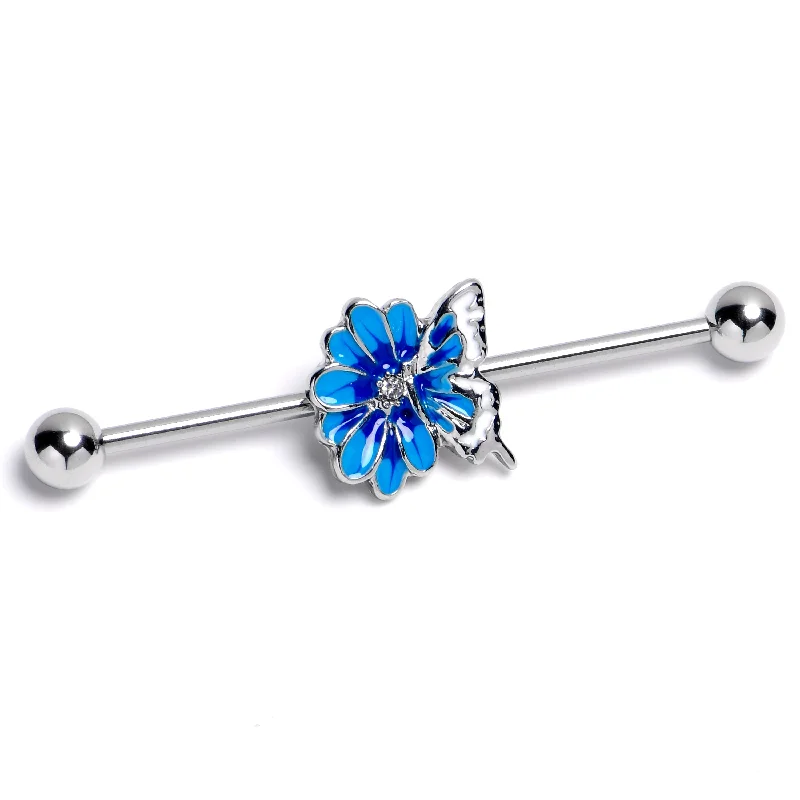 Women's Earrings – Elegant Designs for Every Personality--14 Gauge Clear Gem Butterfly Blossom Blue Industrial Barbell 38mm