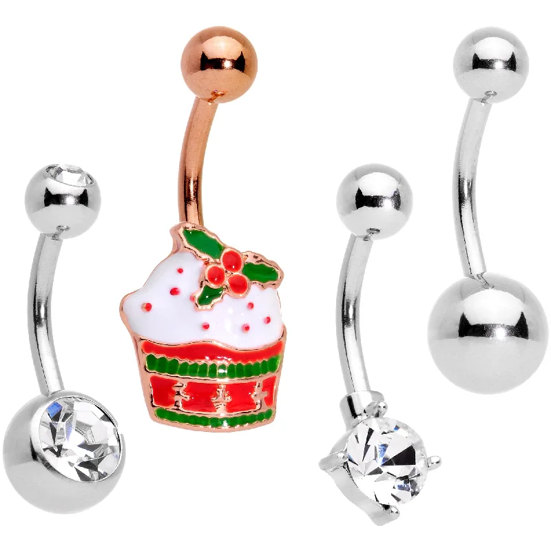 Belly Rings with Beautiful Detailing for Chic Style -Clear Gem Rose Gold Tone Red Holiday Cupcake Belly Ring Set of 4 Belly Rings with Beautiful Detailing for Chic Style -Clear Gem Rose Gold Tone Red Holiday Cupcake Belly Ring Set of 4