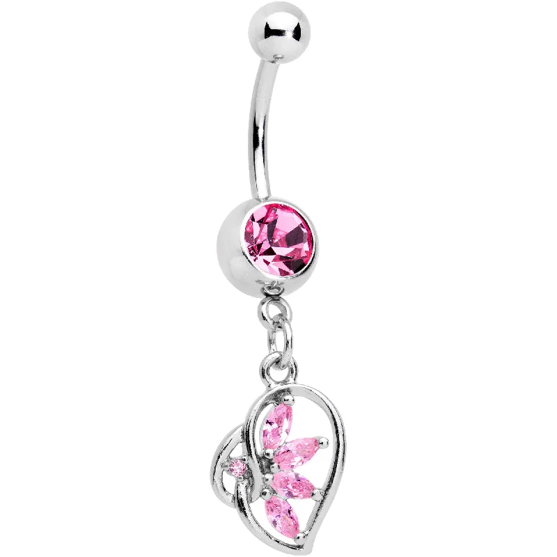 Belly Rings for a Polished Look -Pink CZ Gem Twisted Heart Splash Dangle Belly Ring