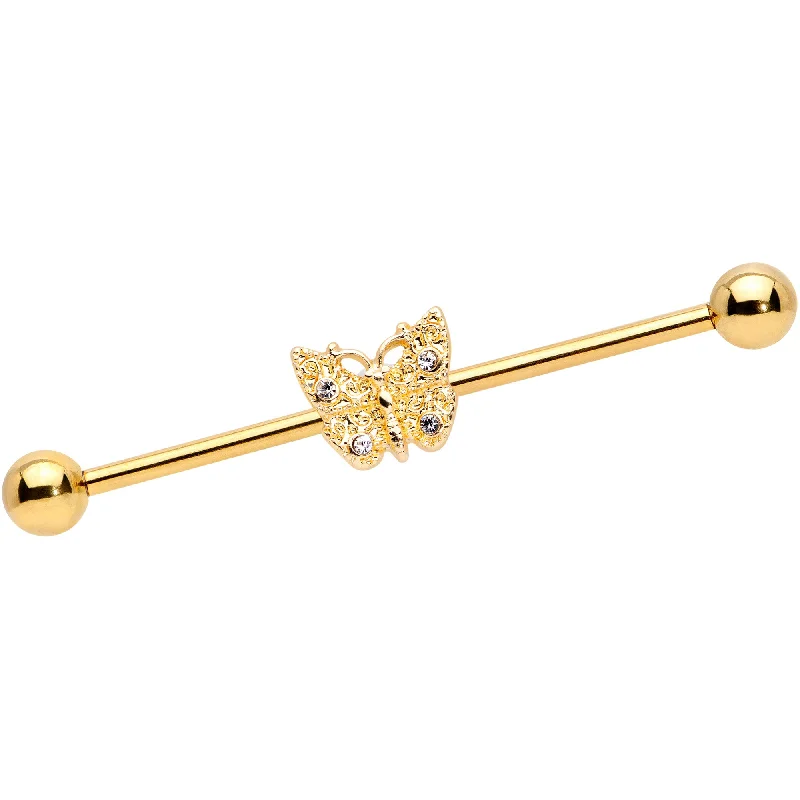 Women's Earrings – Elegant Designs for Every Personality--14 Gauge Clear Gem Gold Tone Butterfly Industrial Barbell 38mm