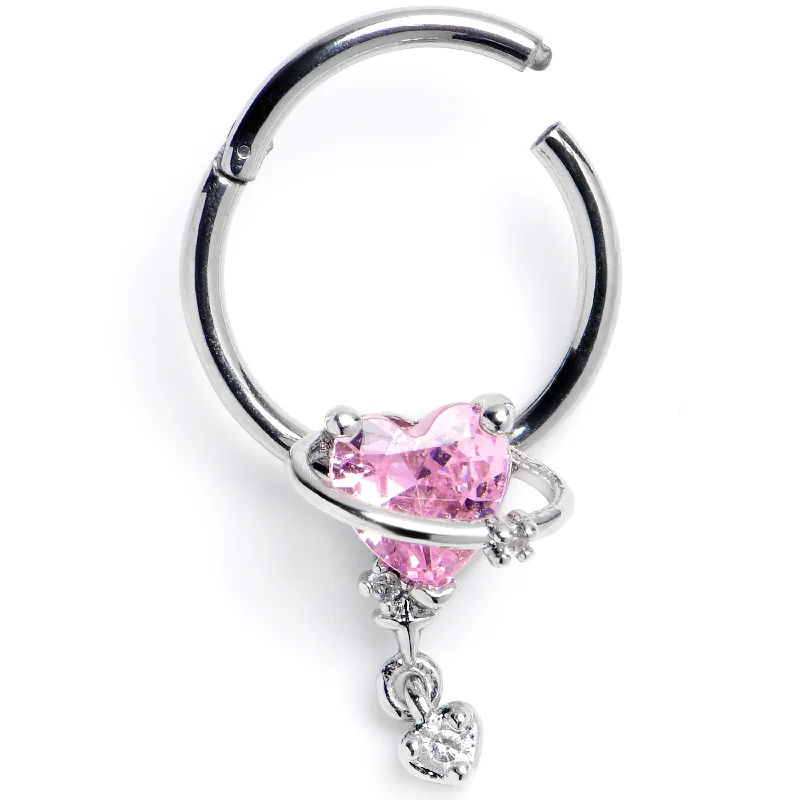Women's Earrings – Elegant Designs for Every Personality--16 Gauge 3/8 Pink CZ Gem Saturn Heart Dangle Hinged Segment Ring